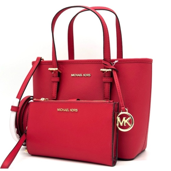 Michael Kors Jet Set Travel Extra-Small Top Zip Tote Bag & Double Zip Wallet Red - Picture 1 of 11
